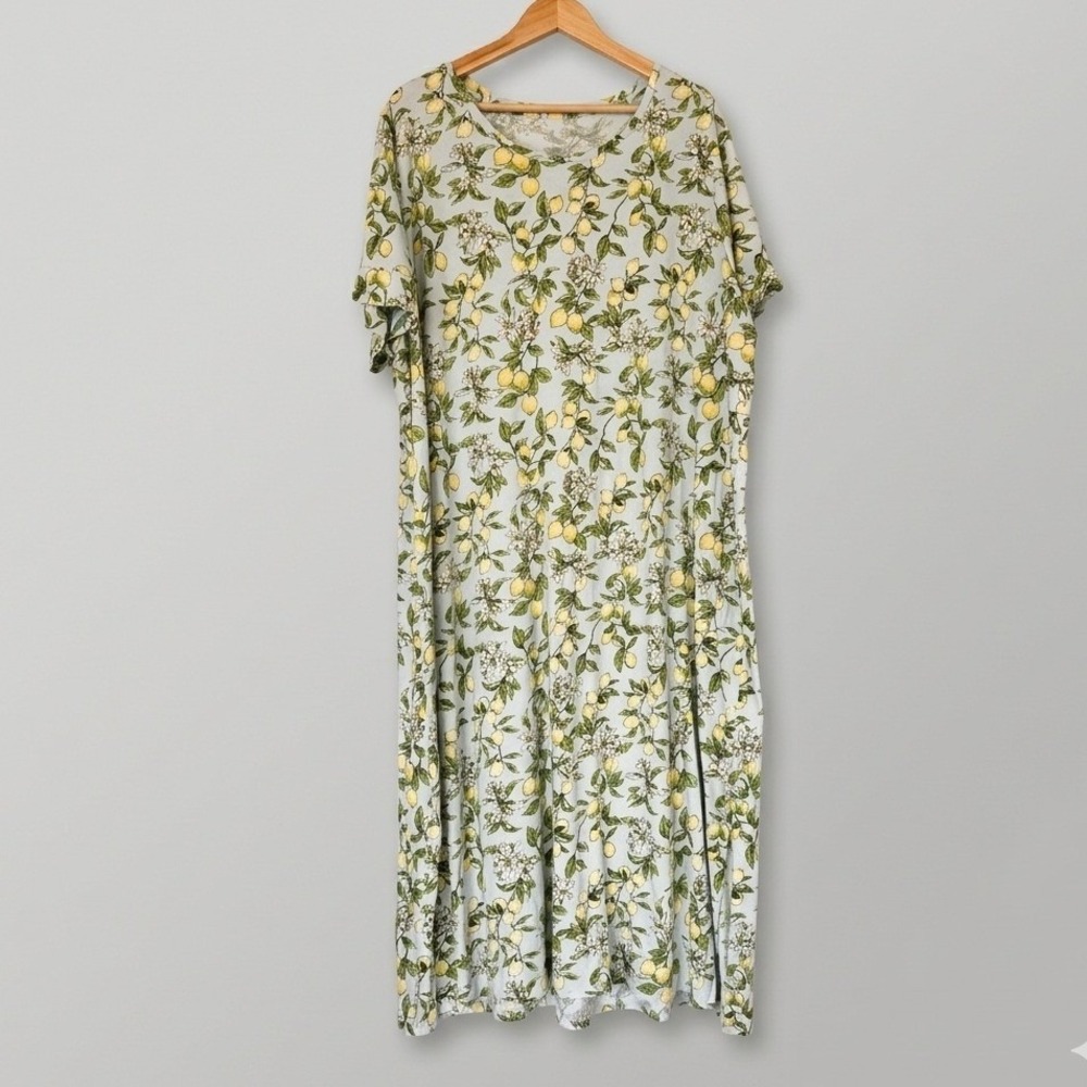 J. Jill Sleep Ultrasoft Pleat-Back Long Gown Lemon Floral Print Blue 3X Cotton